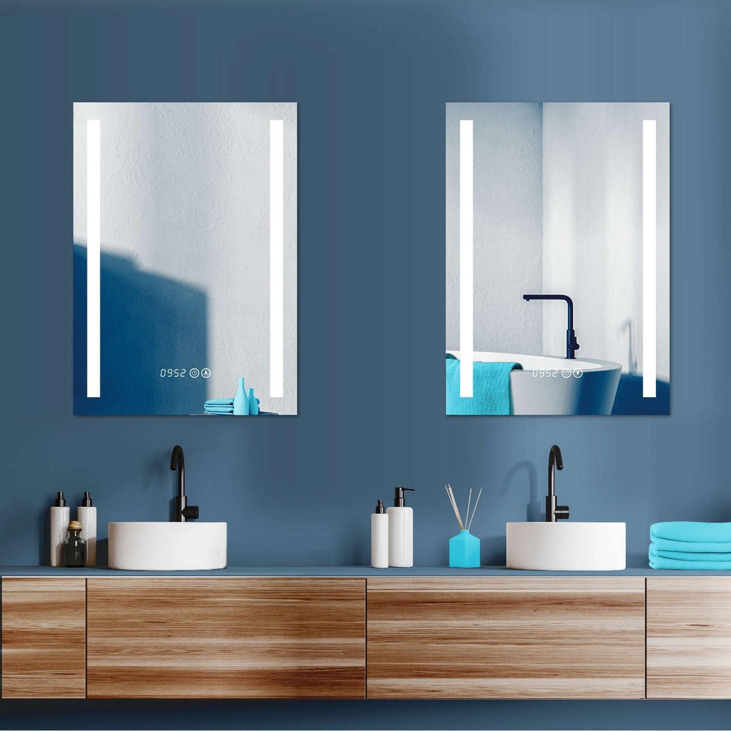 LED Badspiegel Frankfurtmit Beleuchtung und Uhr, 60x80 cm, 60L x 80B cm, Silber + Uhr