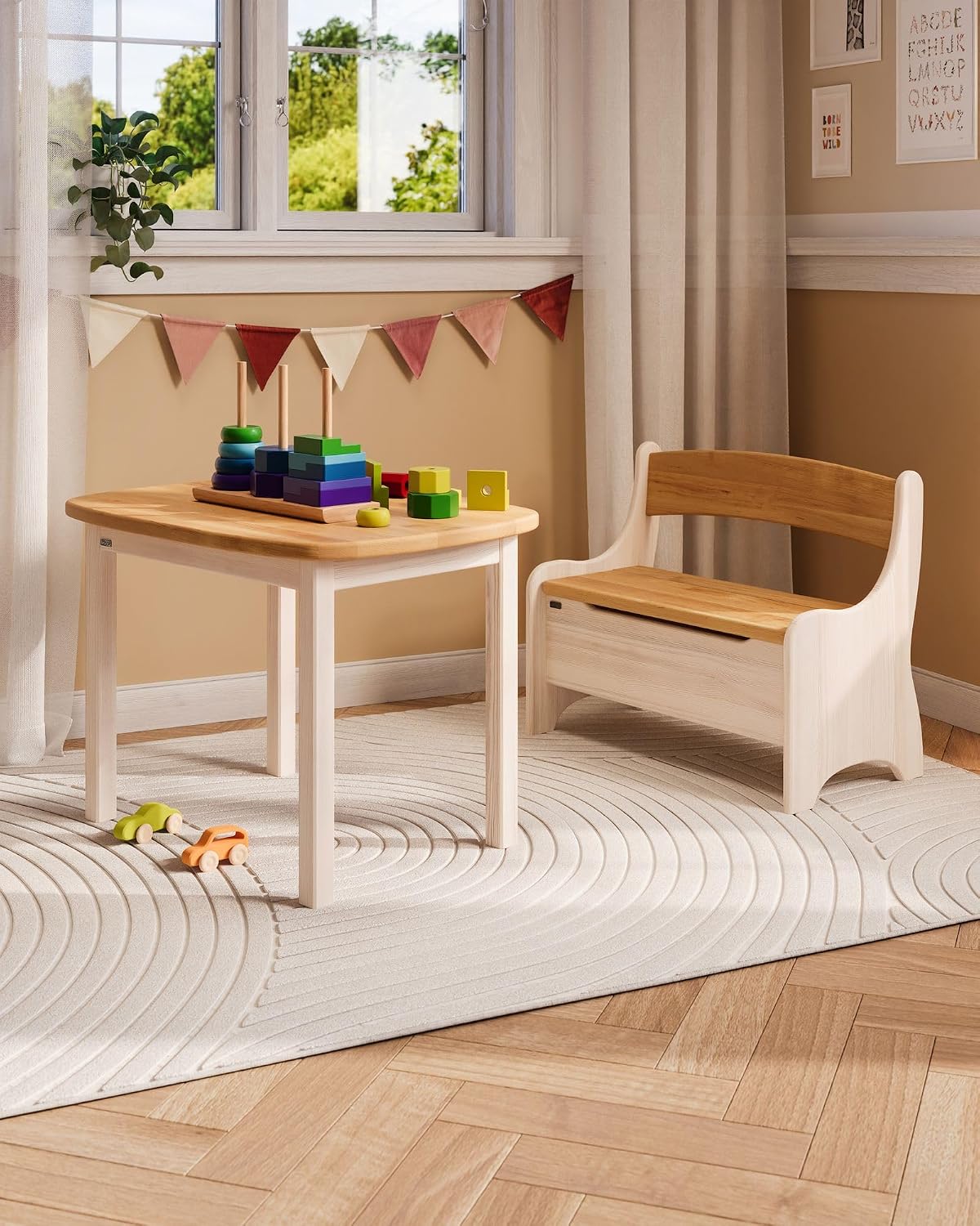 Kindersitzbank Levin mit Geheimfach, Erle Natur, Geölt + Kiefer Naturweiss, Lasiert