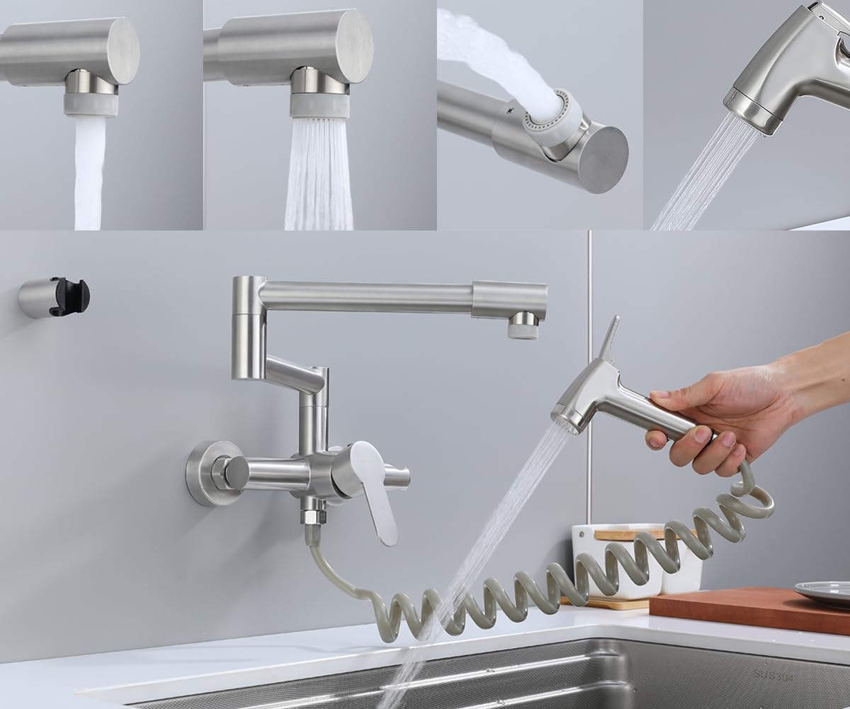 Faltbare Küchenarmatur zur Wandmontage mit 360° Drehrohr, Folded Wall Mounted Brushed Nickel