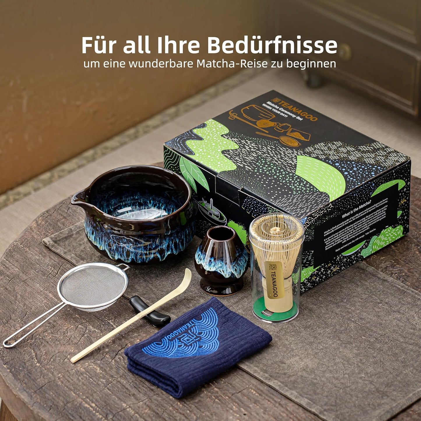 7-teiliges Matcha-Teeset mit Besen und Schale, 7pcs/set, Bowl with pouring spout Junware-blau +