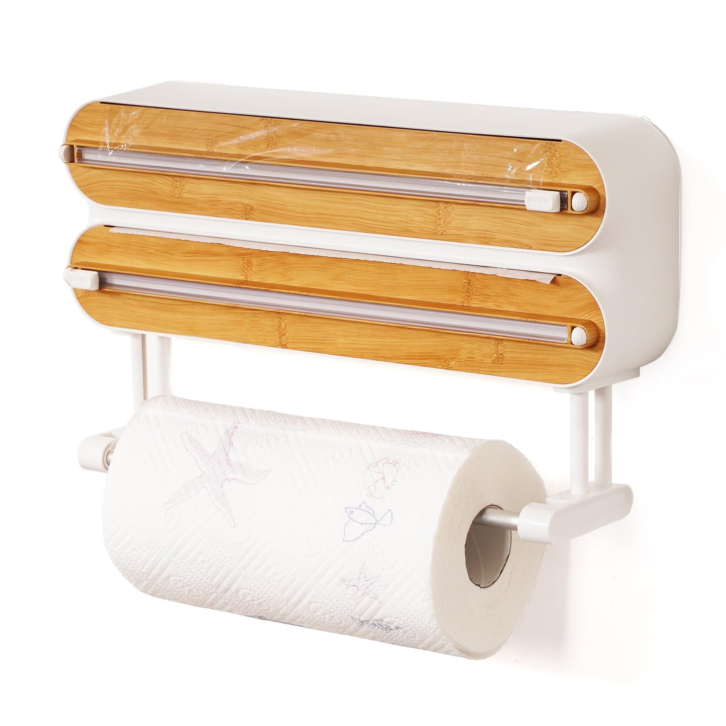 3-in-1 Küchenrollen- und Folienspender mit Cutter, Bambus/Weiss