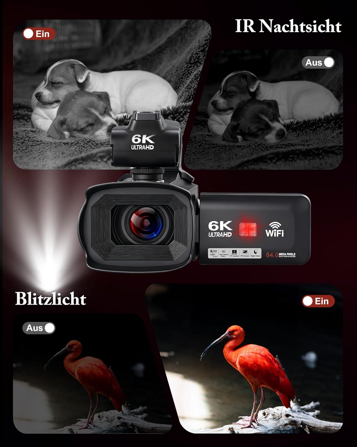 Videokamera mit Nachtsicht und Stabilisator, Schwarz
