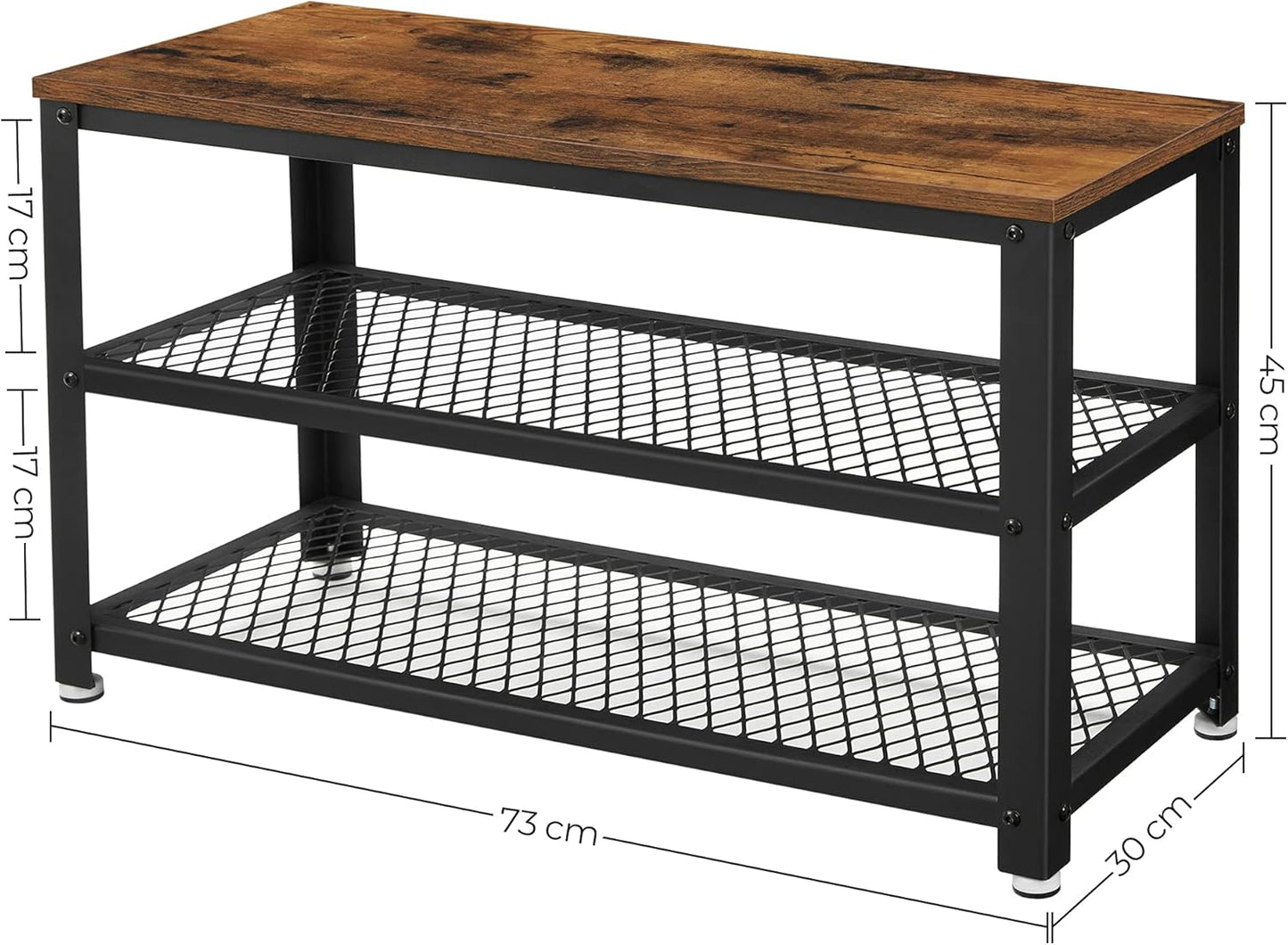 Wandgarderobe mit Schuhbank und Regal im Industrie-Design, 73B cm Vintagebraun + Schwarz