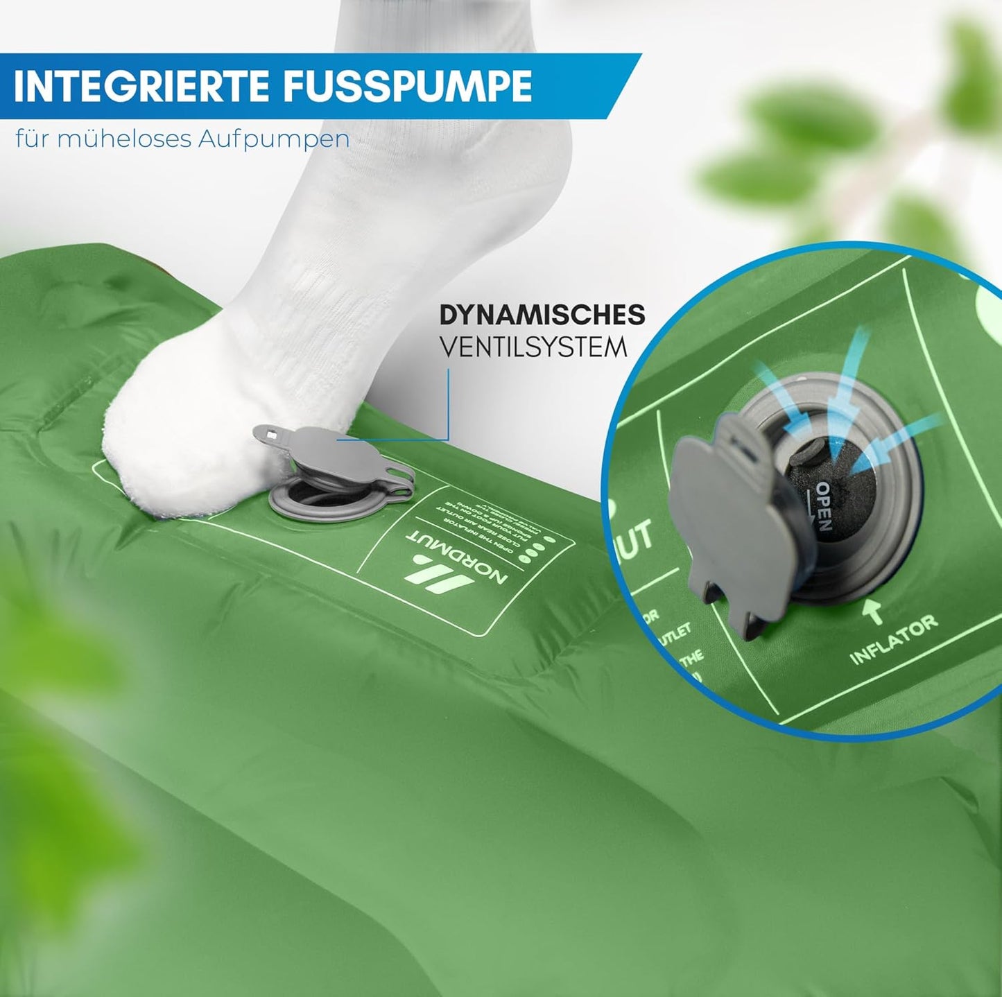 Aufblasbare Isomatte mit Fusspumpe, Grün