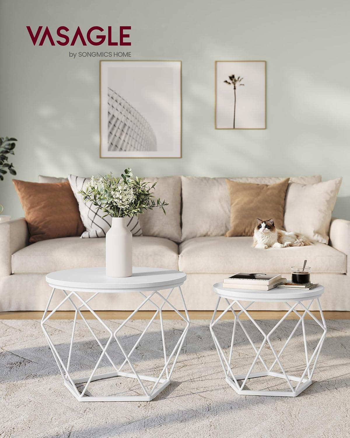 Runder Couchtisch im 2er-Set mit abnehmbarer Platte, (50 Dia. x 40H) cm + (40 Dia. x 36H) cm Schneeweiss + Wolkenweiss