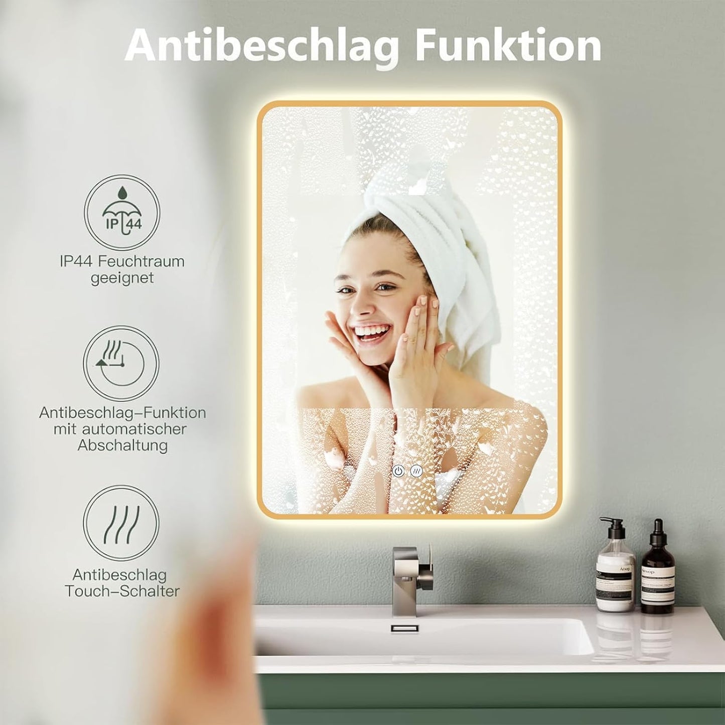 Badspiegel mit LED-Beleuchtung und Antibeschlag, Gold 6_beschlagfrei