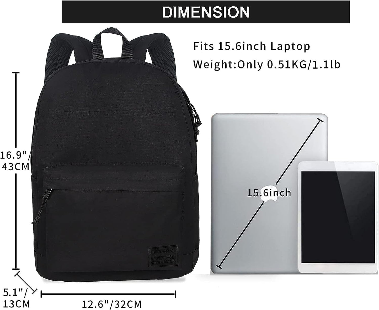 Leichter Laptop-Rucksack mit 15.6 Zoll Fach, 16.9 Zoll Vollschwarz