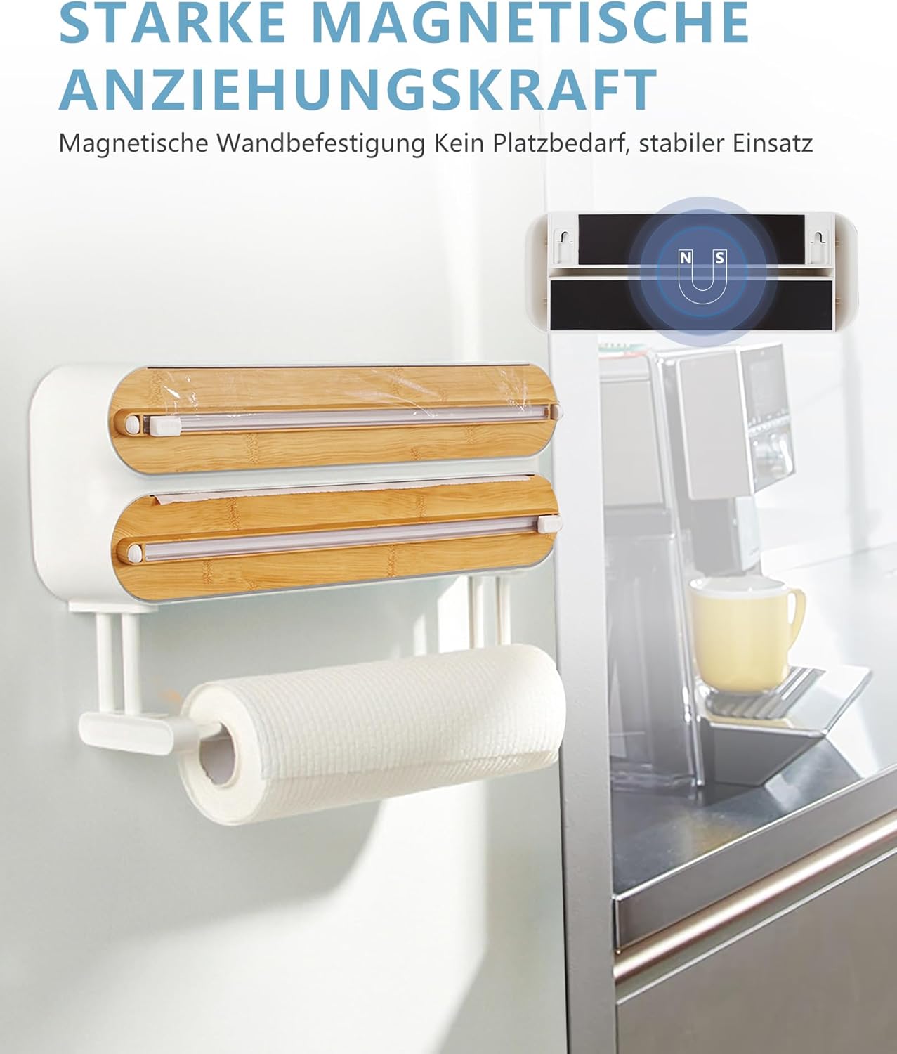 3-in-1 Küchenrollen- und Folienspender mit Cutter, Bambus/Weiss