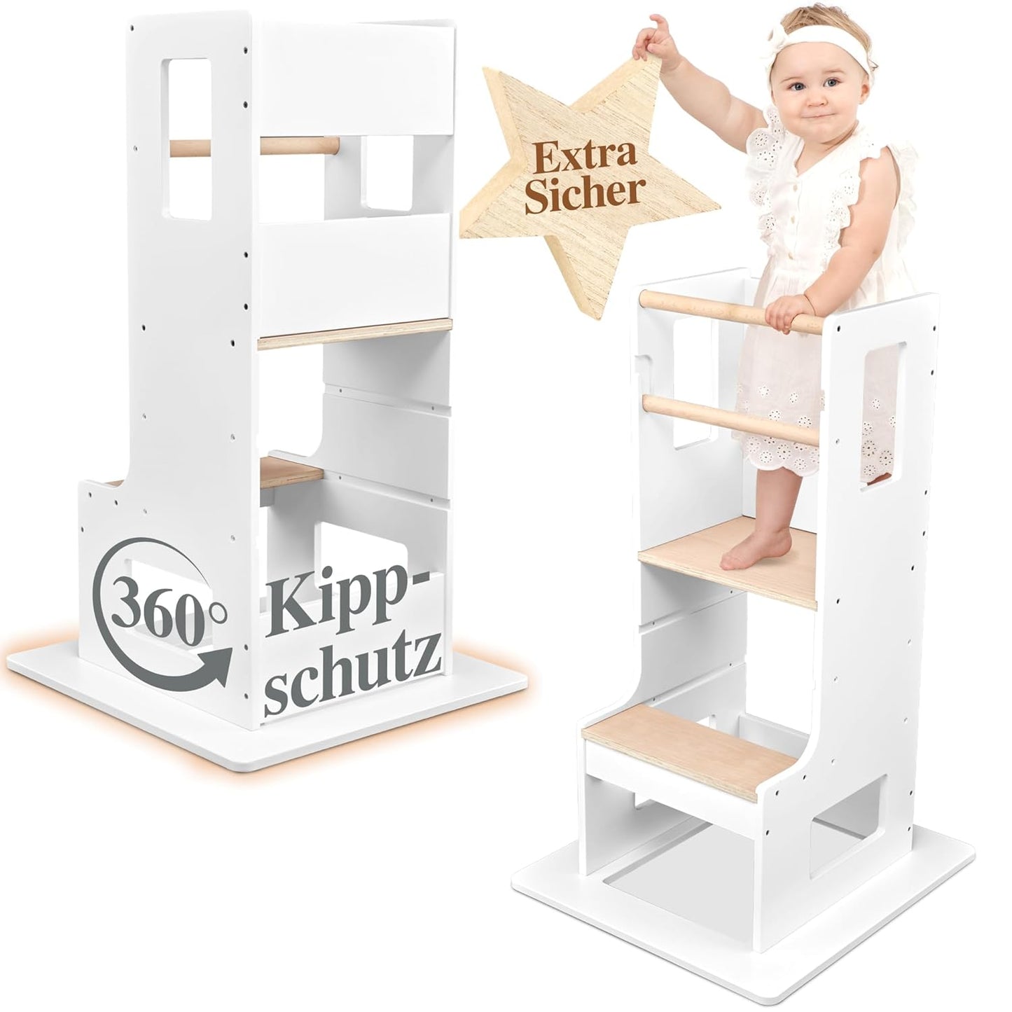 Höhenverstellbarer Lernturm, Eckig Holz/Weiß