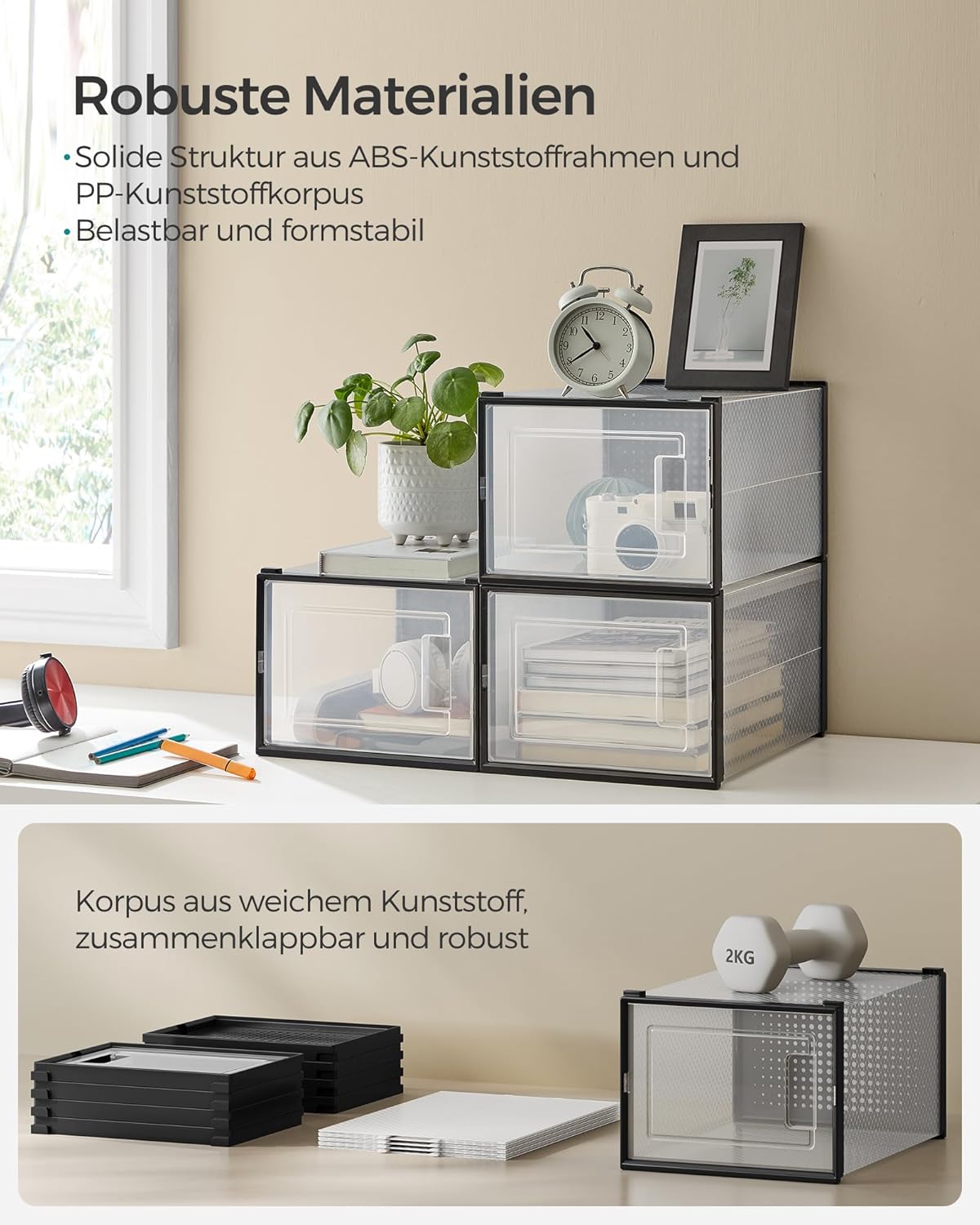 18er Set Stapelbare Schuhboxen, Transparent + Schwarz 18er Set für Schuhe bis Größe 46