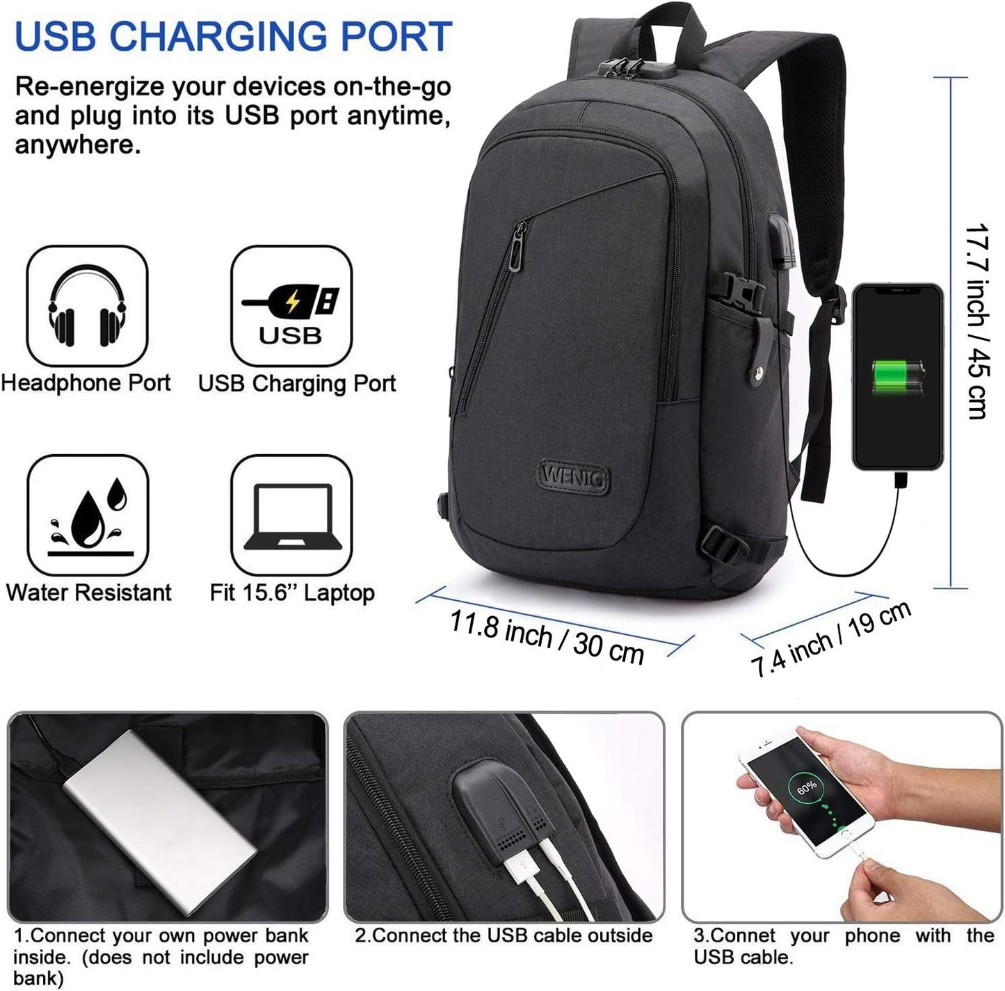 Laptop Rucksack Anti-Diebstahl mit USB-Anschluss, 15,6 Zoll ; Schwarz