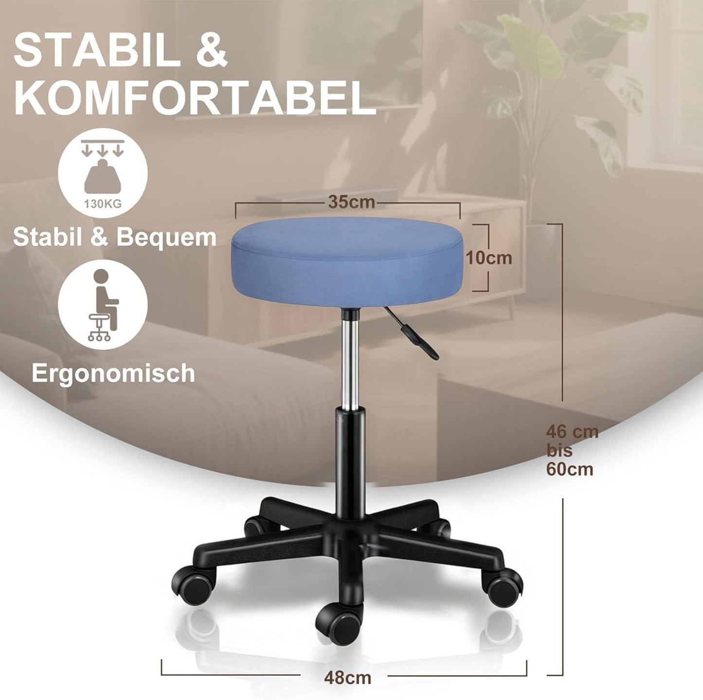 Höhenverstellbarer Rollhocker mit Gummirollen, 360° drehbar, Nordisches Blau