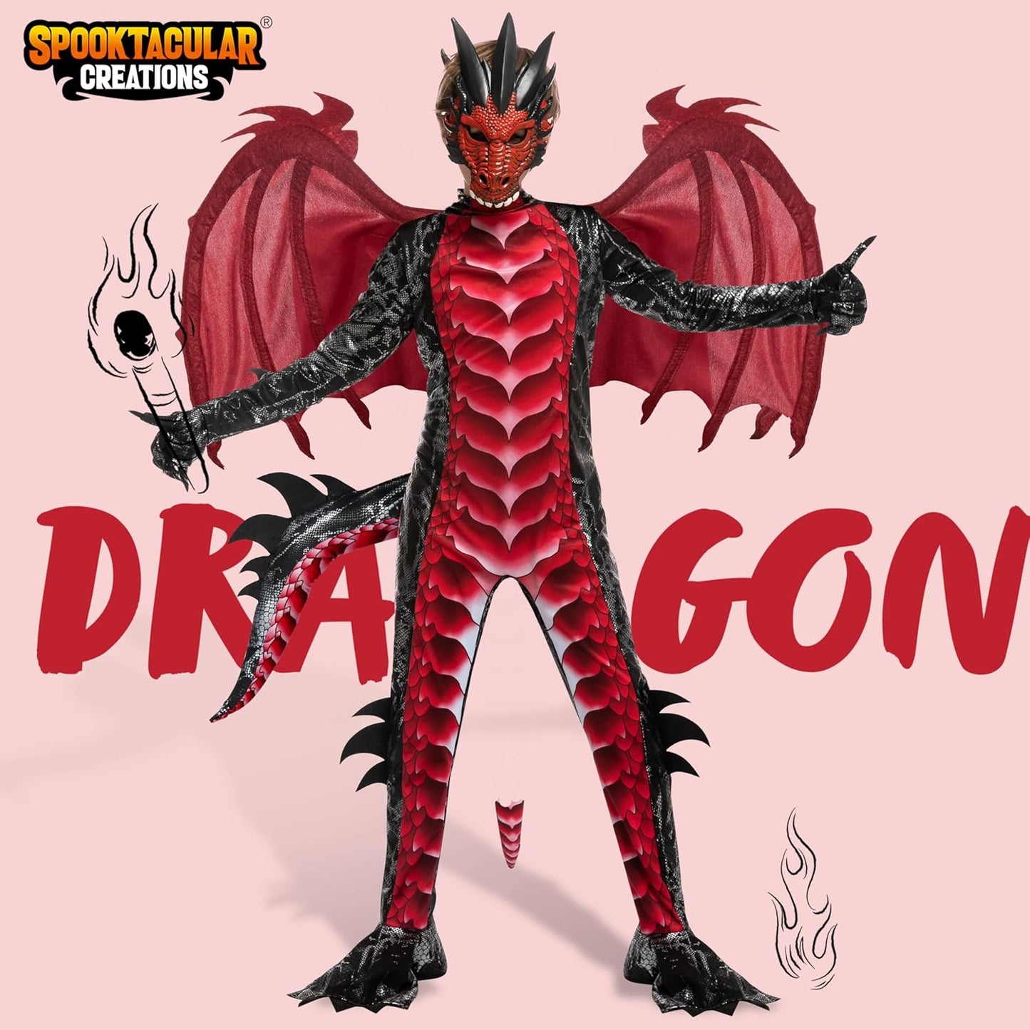 Drachenkostüm mit Flügel und Maske für Kinder, Medium (8-10 yrs) Rot
