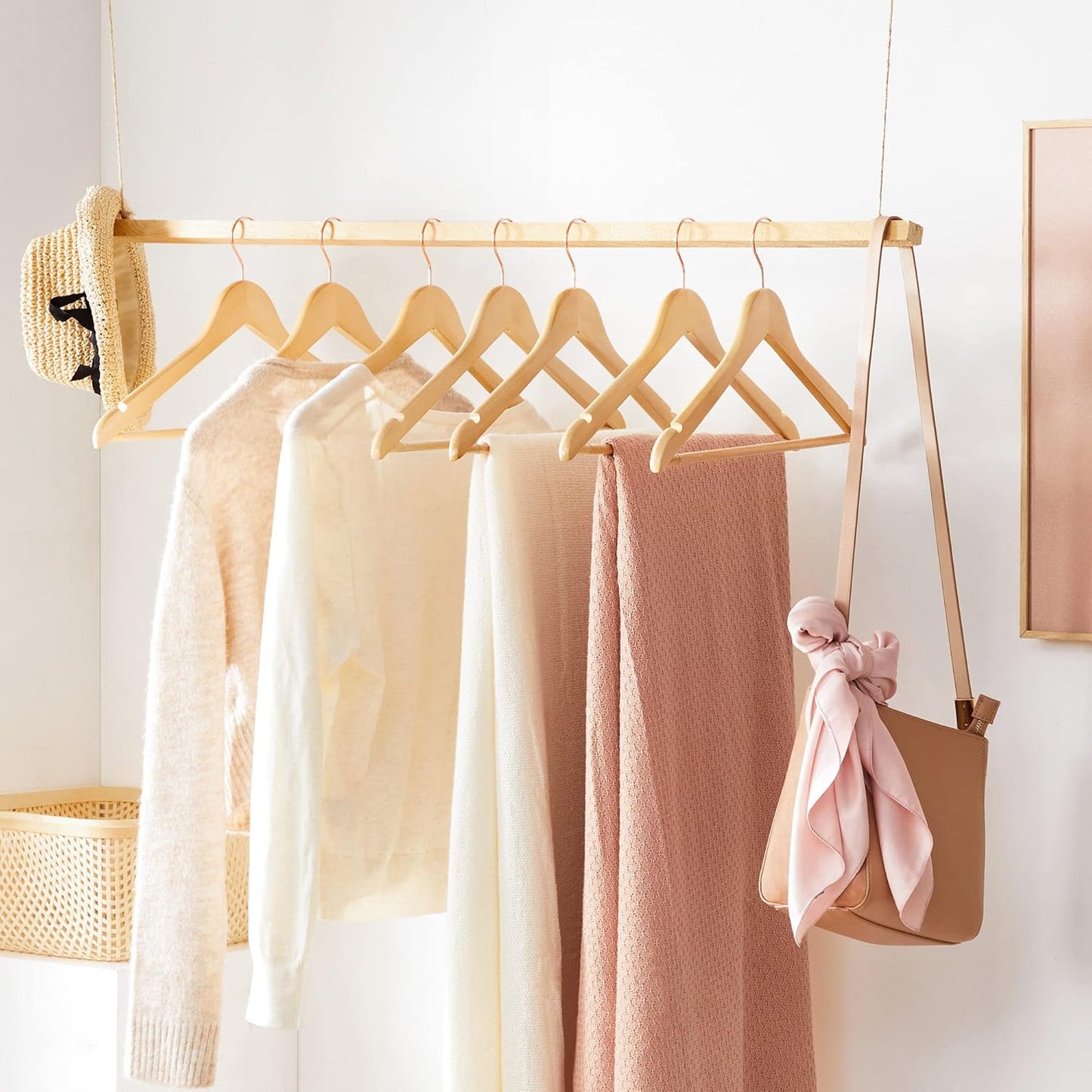 20er-Set Kleiderbügel mit Hosensteg, Holzfarben + Roségold 20 Stück