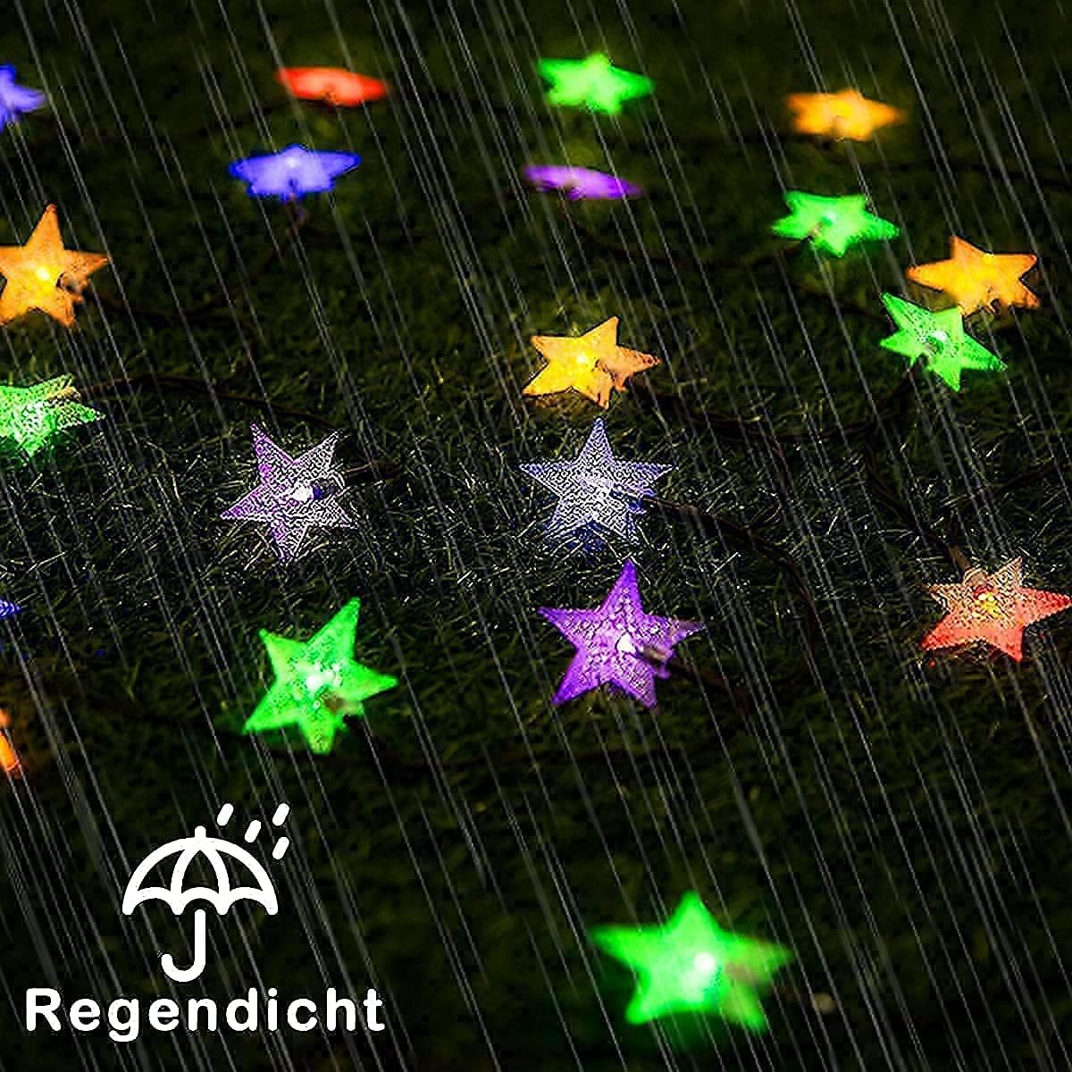 Sternenförmige Solar LED Lichterkette, wetterfest, Bunt (1,19 €/M)