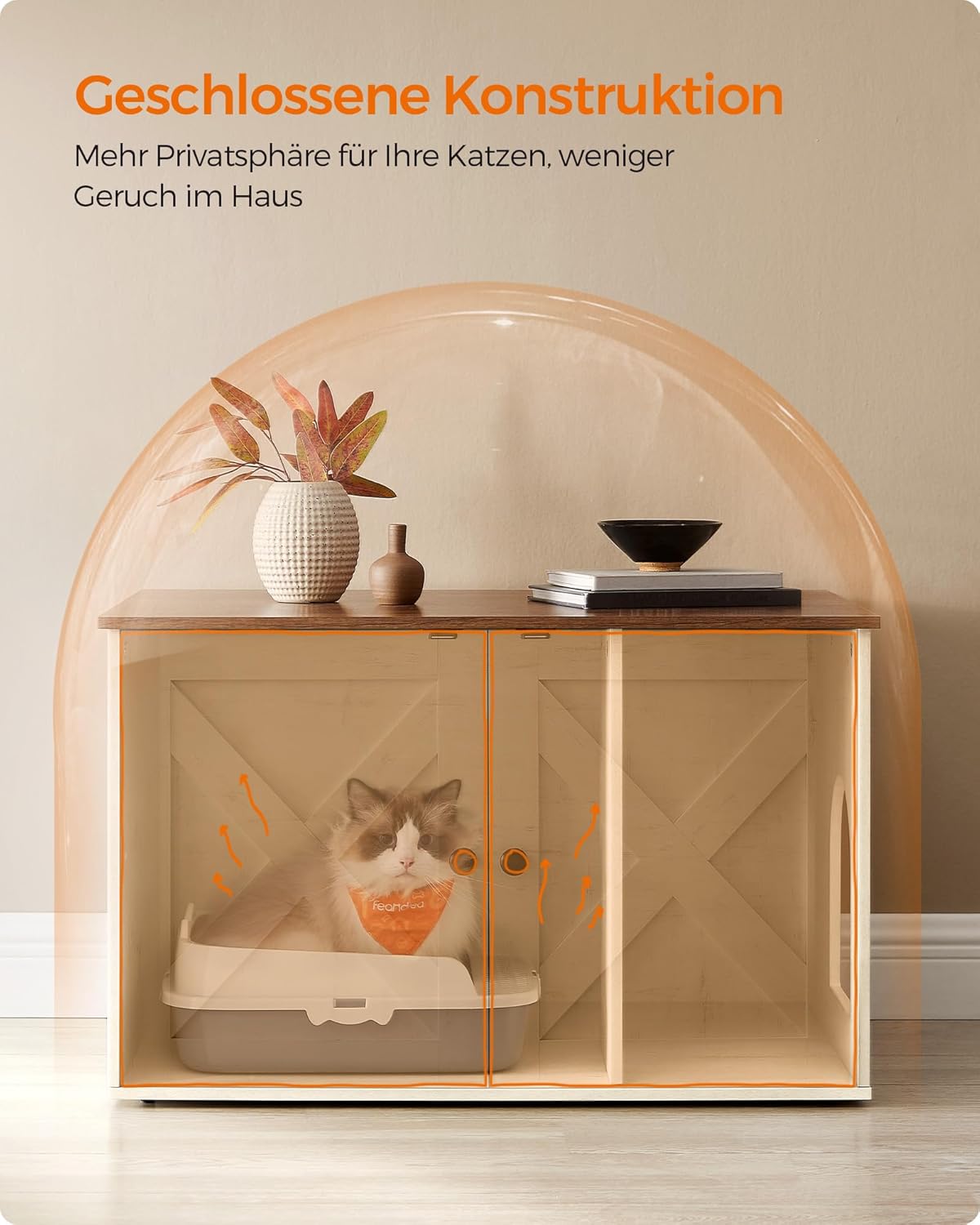 Katzenklo-Schrank mit Trennwand, 53T x 80B cm Honigbraun + Vintageweiss
