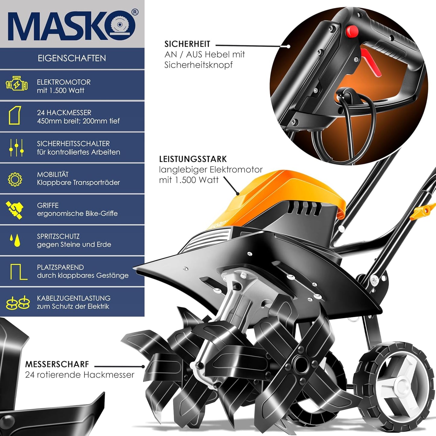 Elektrische Motorhacke, klappbar mit Zubehör, 40cm Arbeitsbreite, Orange