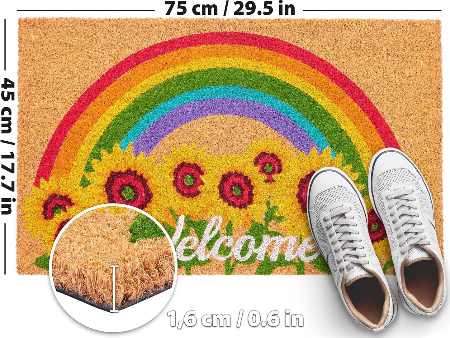 Antirutsch Fussmatte, Welcome - Sonnenblumen und Regenbogen