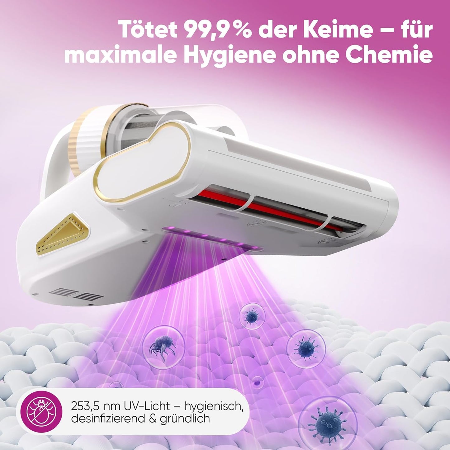 Kabelloser Milbensauger mit UV-Licht und Warmluft, Weisssd