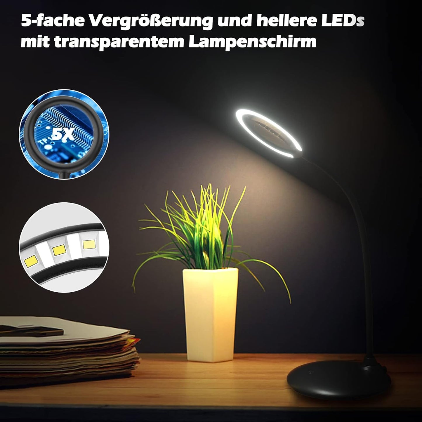 Wiederaufladbare 5-fache Vergrösserungs-Schreibtischlampe, Black-battery