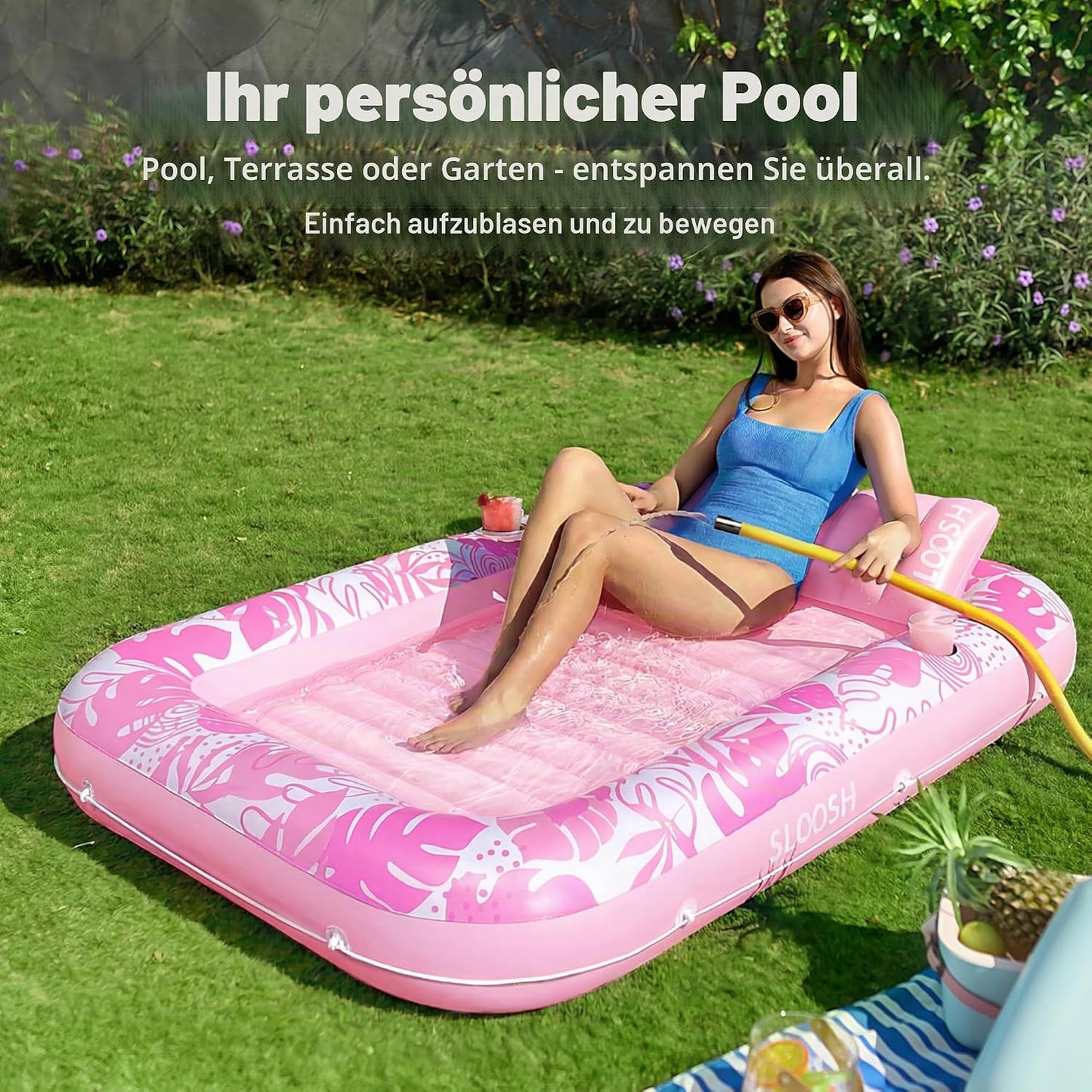 Aufblasbarer 4-in-1 Sonnenliegepool mit Kissen und Getränkehalter, Zartrosa L