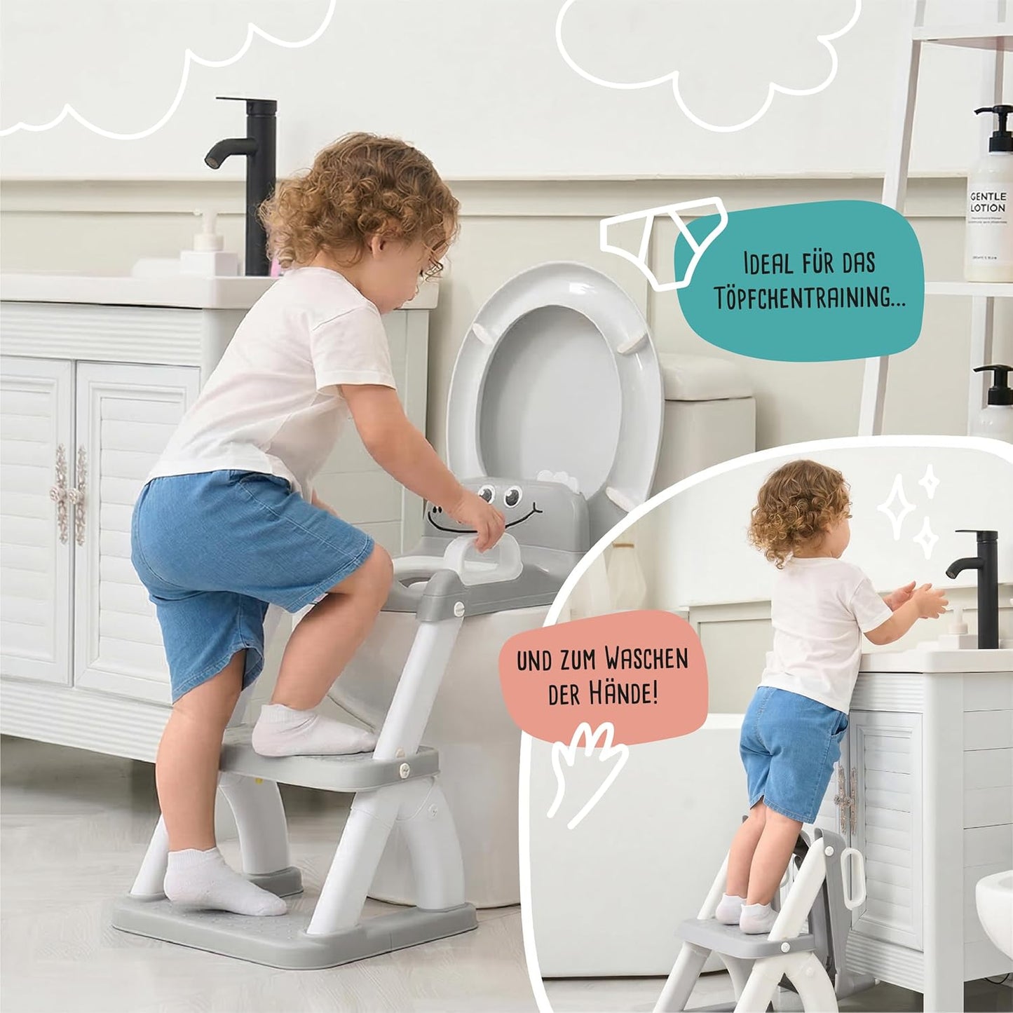 Kinder Toilettensitz mit Treppe & Rückenlehne, Grau