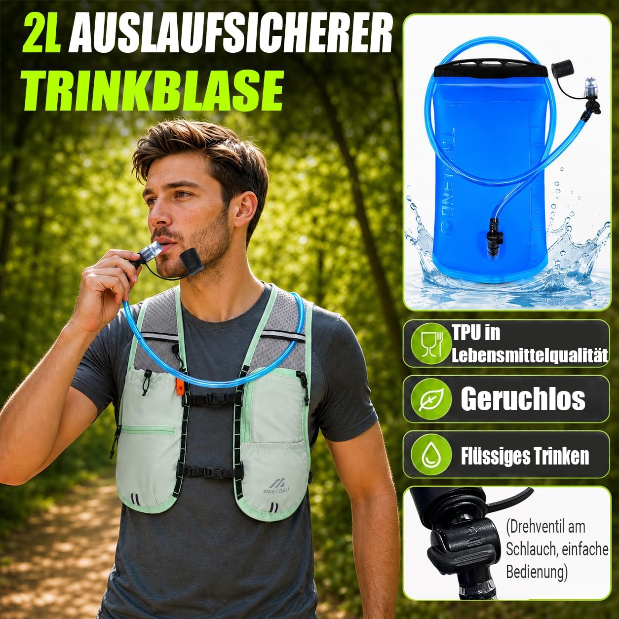 Trinkweste mit Trinkflasche und Trinkblase, hellgrün mit 2L Trinkblase