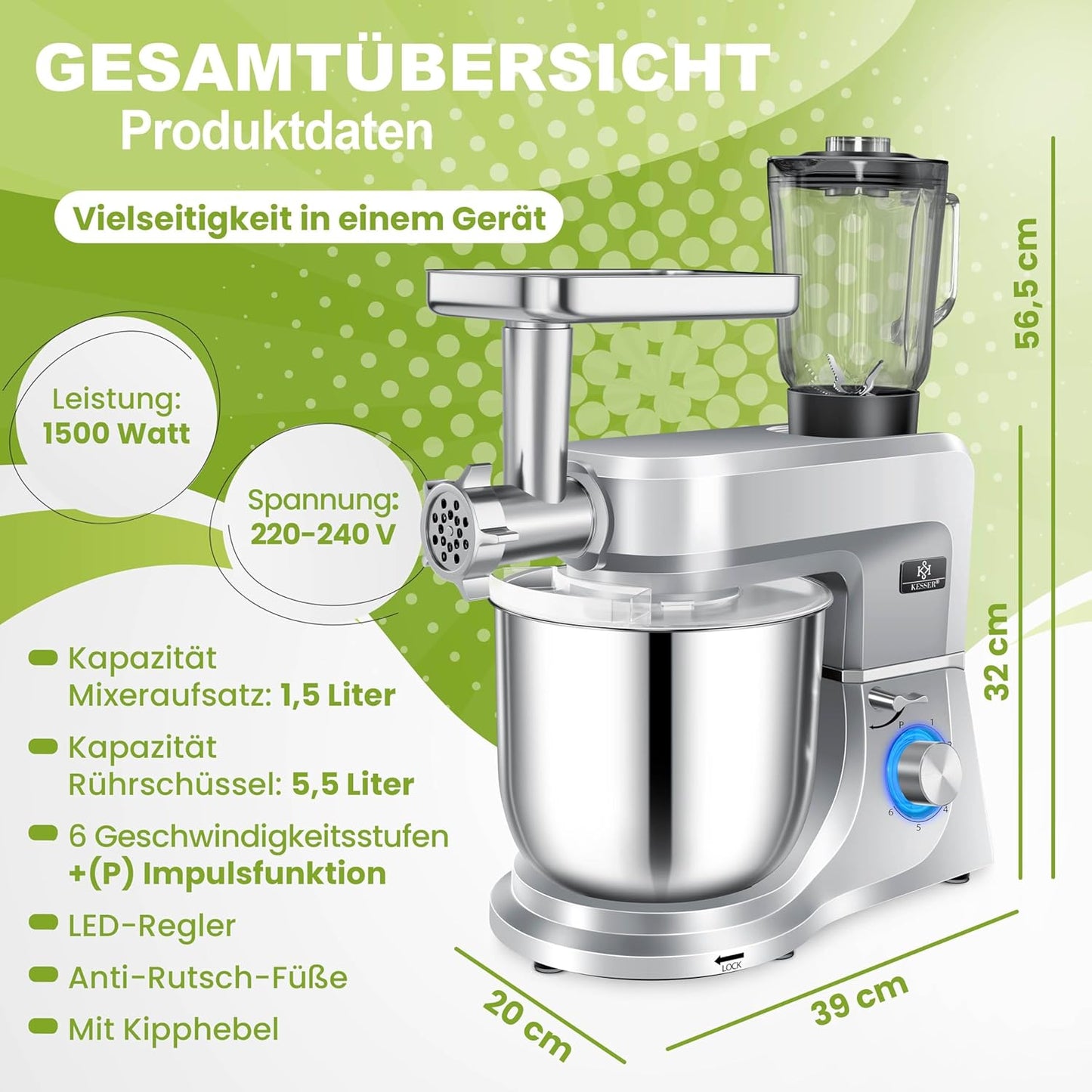 3 in 1 Universal Küchenmaschine mit Fleischwolf und Mixeraufsatz K-KM 3000