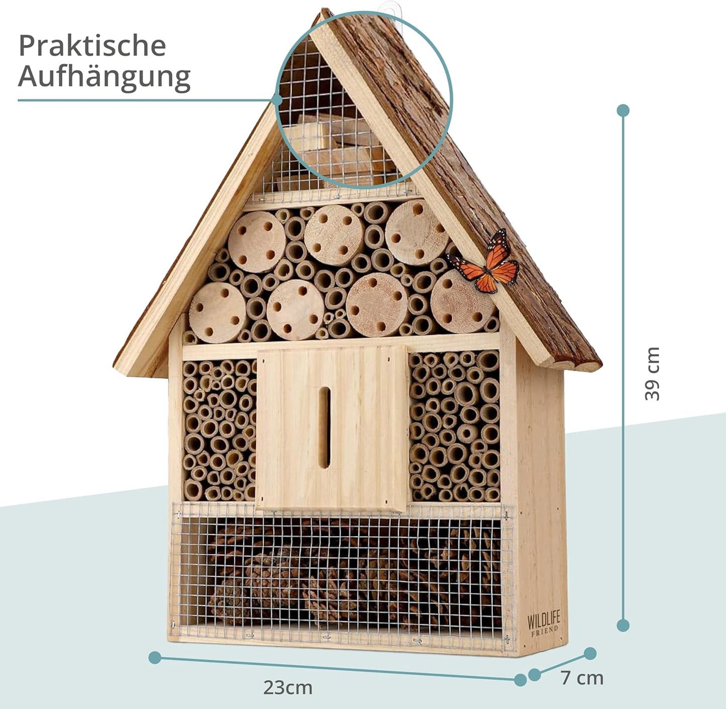 Grosses Wildbienenhotel mit Rindendach, Rindendach