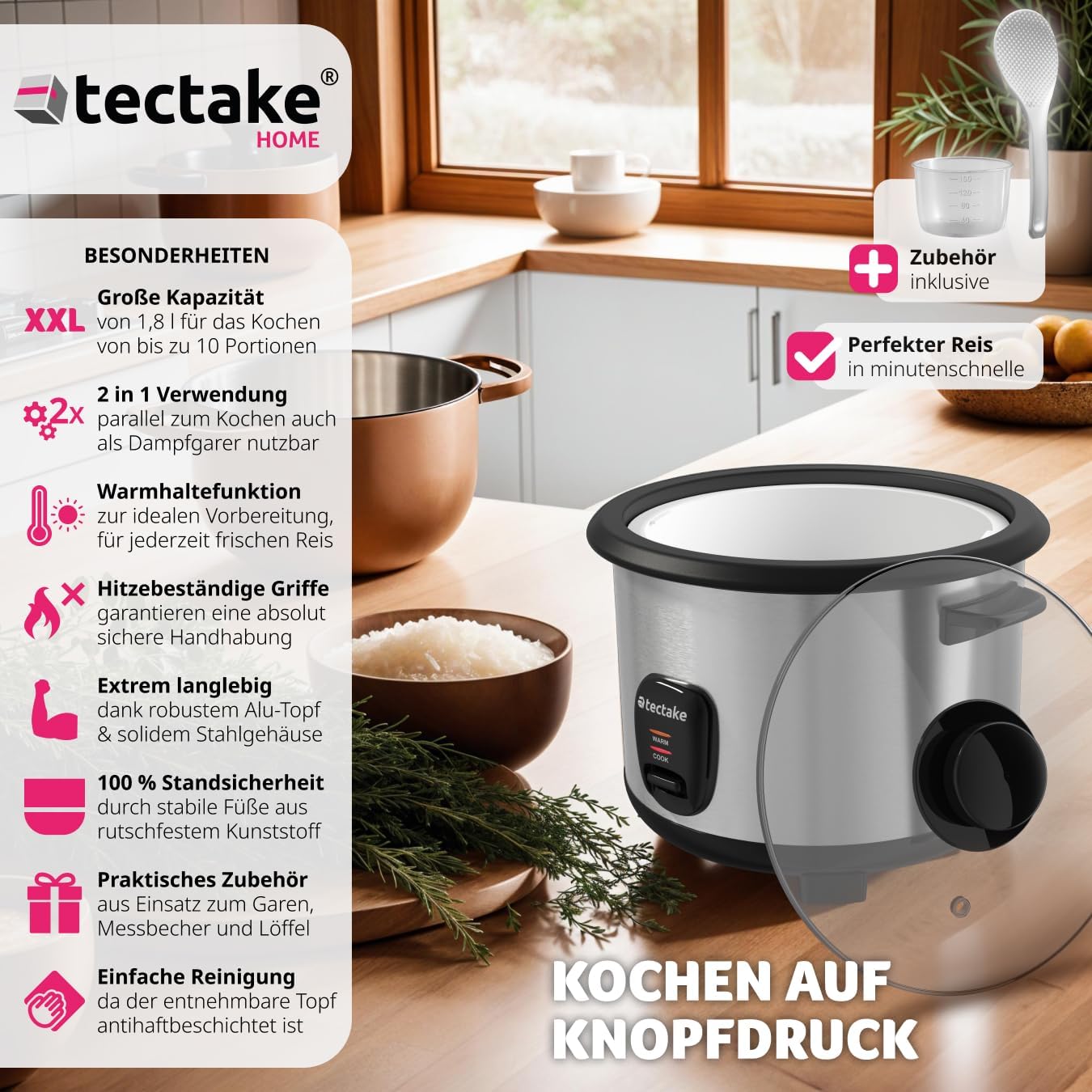 Reiskocher mit Dampfgarer für 10 Portionen