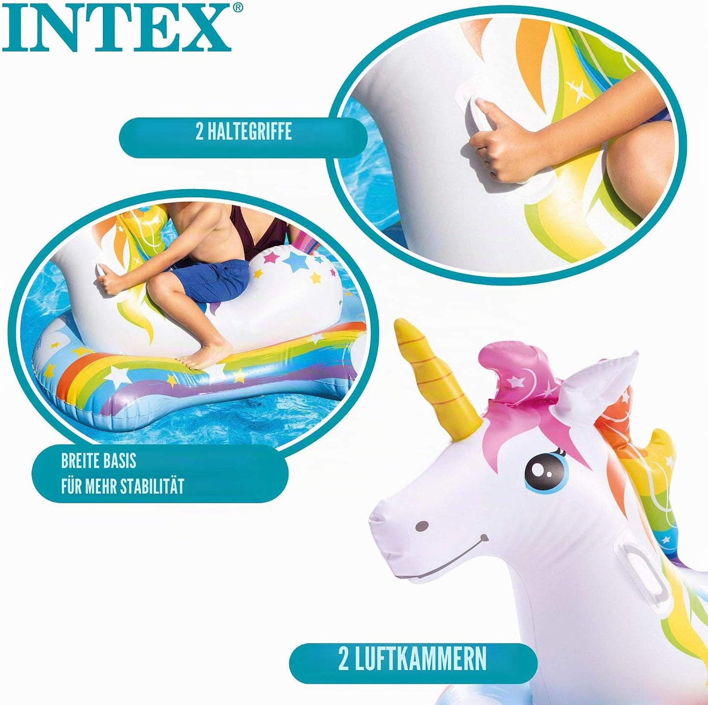 Aufblasbares Einhorn mit Basis und Haltegriffen, Weiss Einheitsgrösse Single