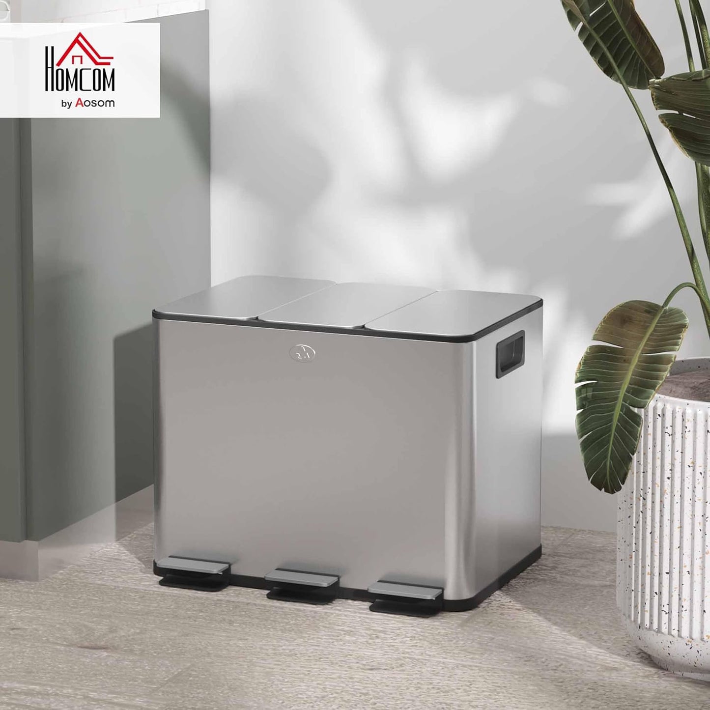 Mülltrennsystem mit Softclose Deckel, 3 x 20L Silber