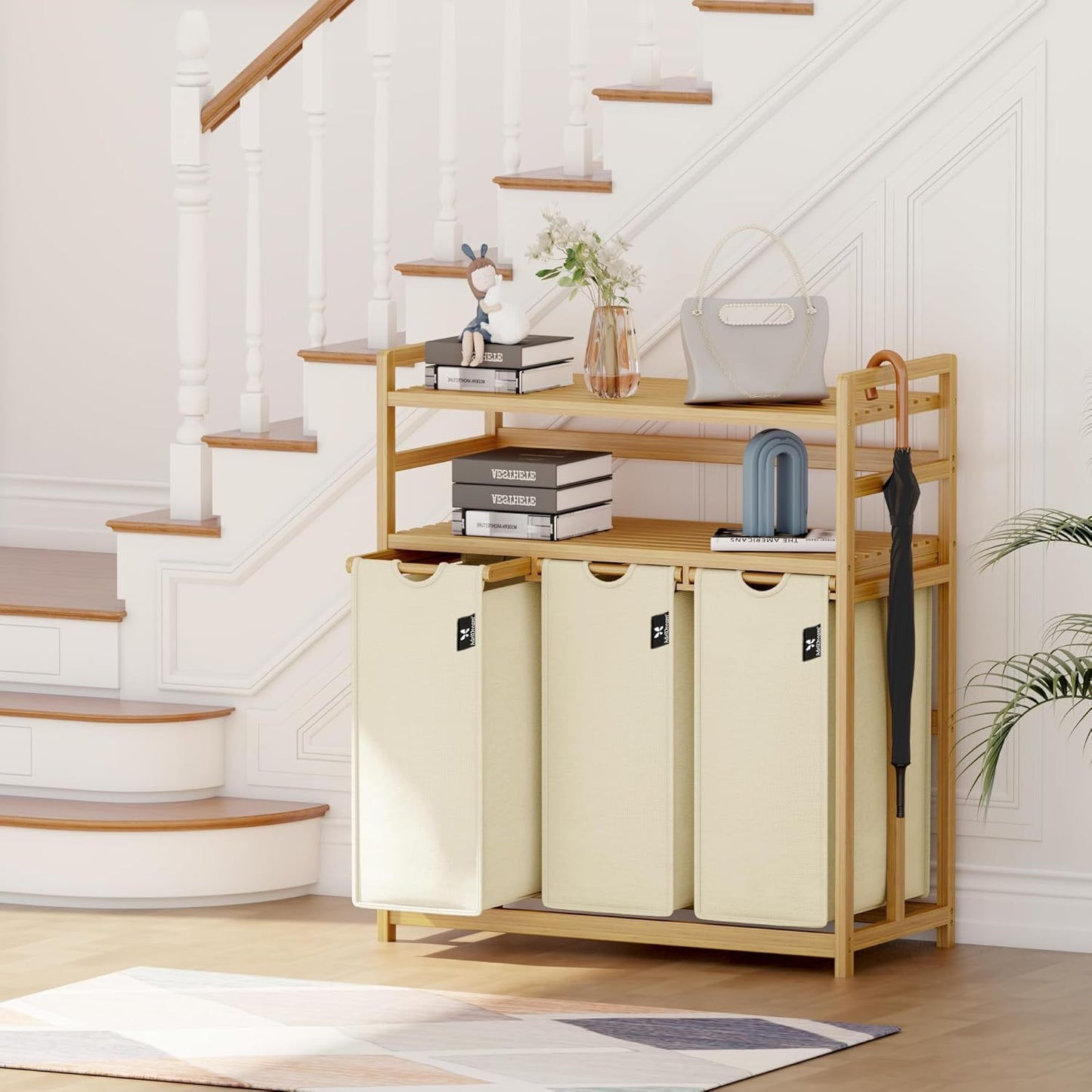 3-Fächer Wäschesortierer mit Doppelregal, Beige-6-15