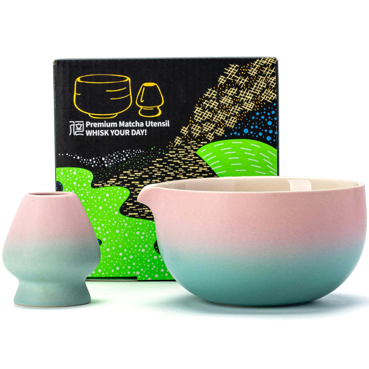 Japanische Matcha-Schale mit Schneebesenhalter (510ml), Grün Farbverlauf Rosa