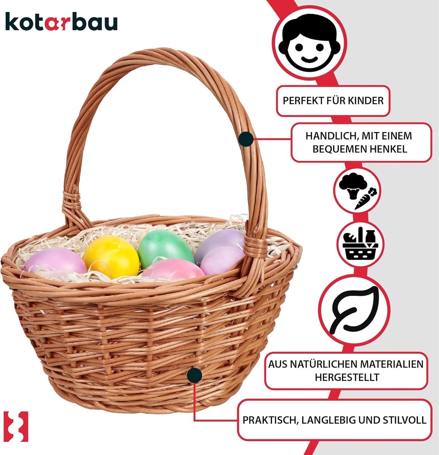 Weidenkorb mit Henkel für Ostern & Picknick, Rund - Natural Klein