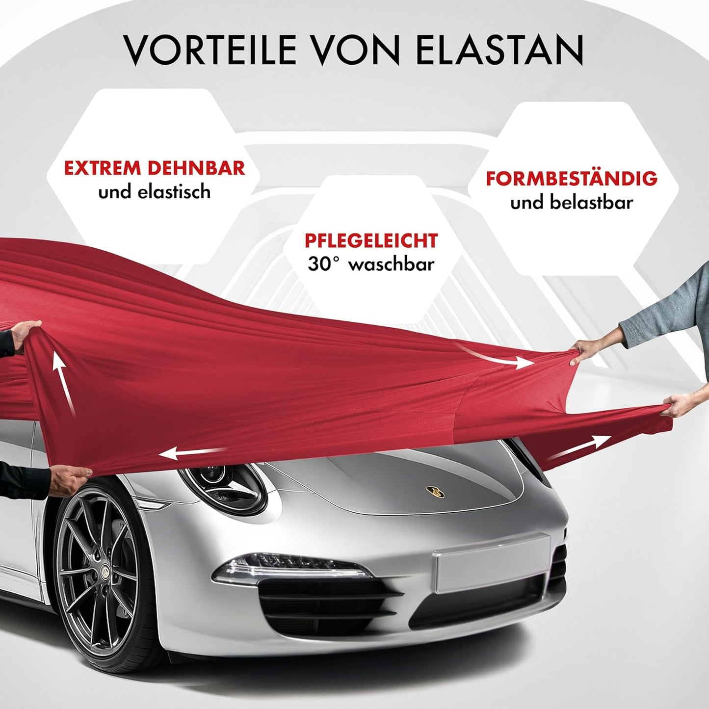 Premium Autoabdeckung Indoor Stretch, Rot Größe 2: PKW 430 - max. 482 cm Länge