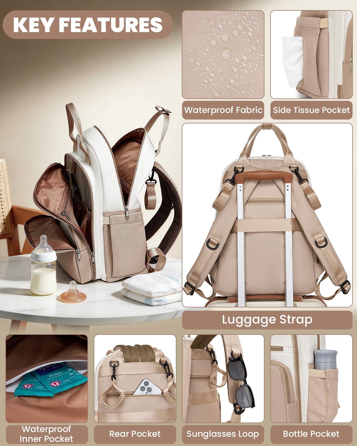 Wickelrucksack mit Kinderwagengurten, Khaki&beige