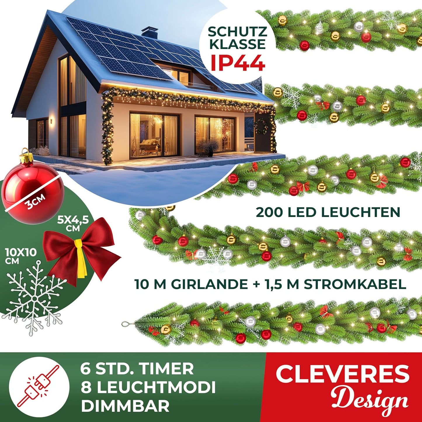 Weihnachtsgirlande mit 200 LEDs, 10m / 200 LEDs Naturgrün + Deko