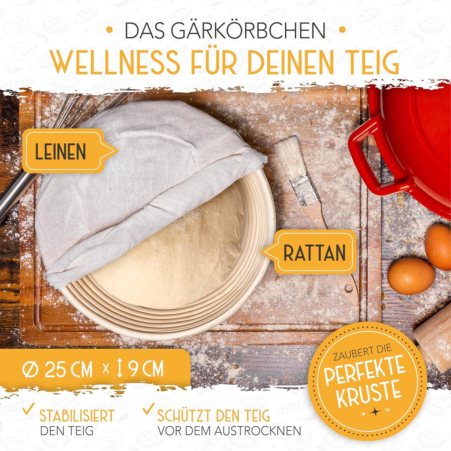 Gusseisen Brottopf mit Gärkorb, 2in1 Emaille Rot 2in1 Emaille Rot