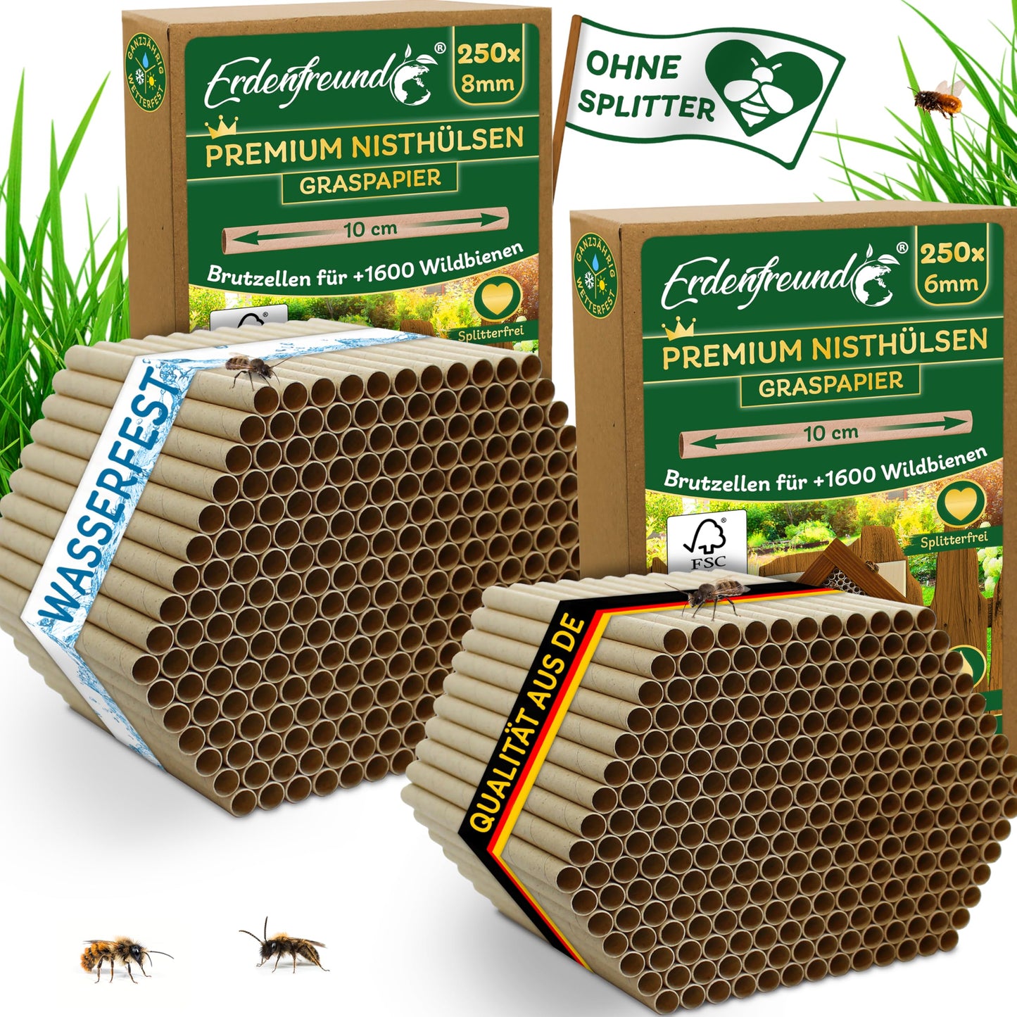 Niströhren für Wildbienen, 2 x 250 Stück, 2x250 Premium Wildbienen Nisthülsen 6 & 8mm