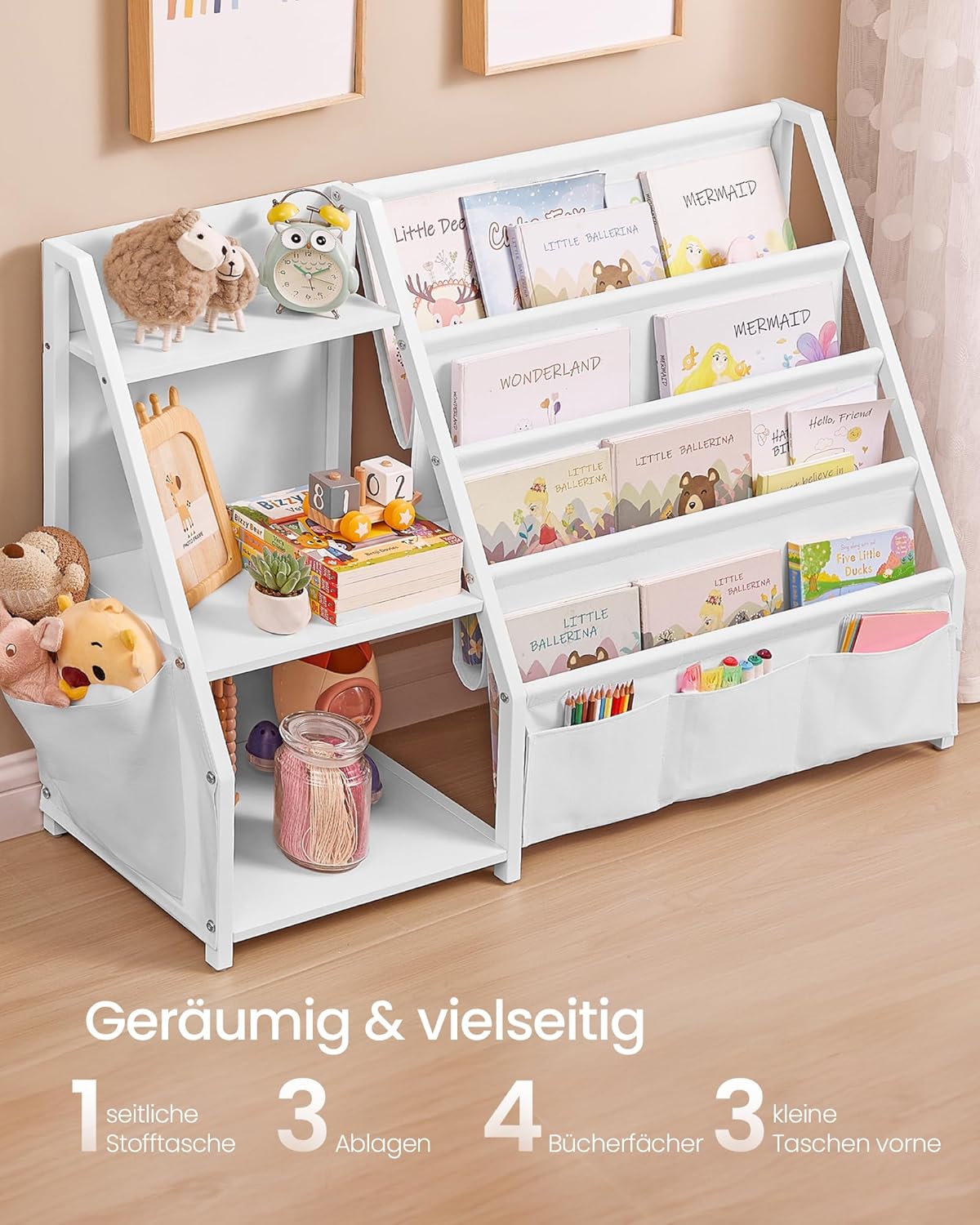 Bücher- und Spielzeugregal mit Seitentasche, 75 cm hoch