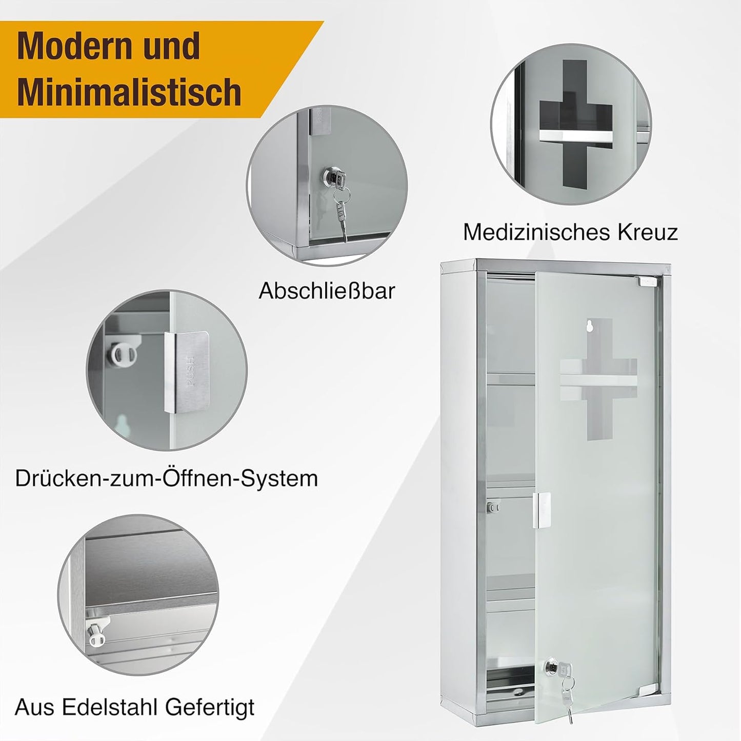 Medizinschrank, abschliessbar, 4 Fächer, Silber - 4 Fächer