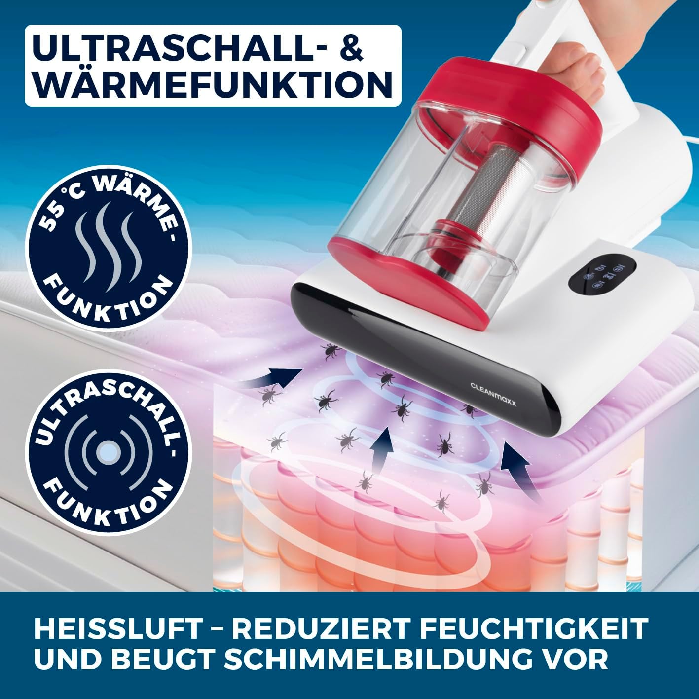 Milbensauger mit UV-C & HEPA-Filter für Matratzen, Rotation Power 13kPa Rot