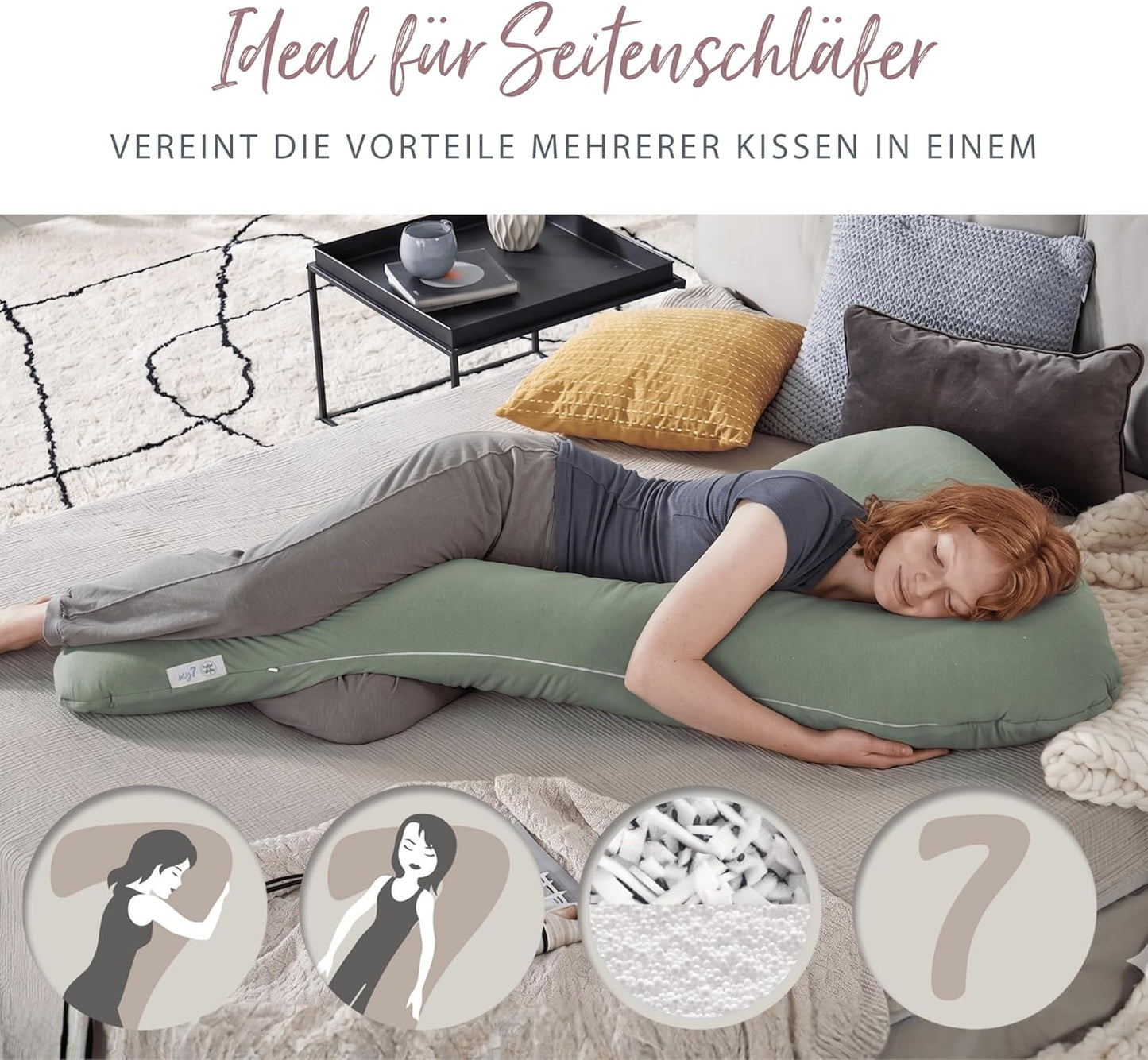 Ergonomisches Seitenschläferkissen mit Kopfstütze, Lehmgrau Bambus-kollektion