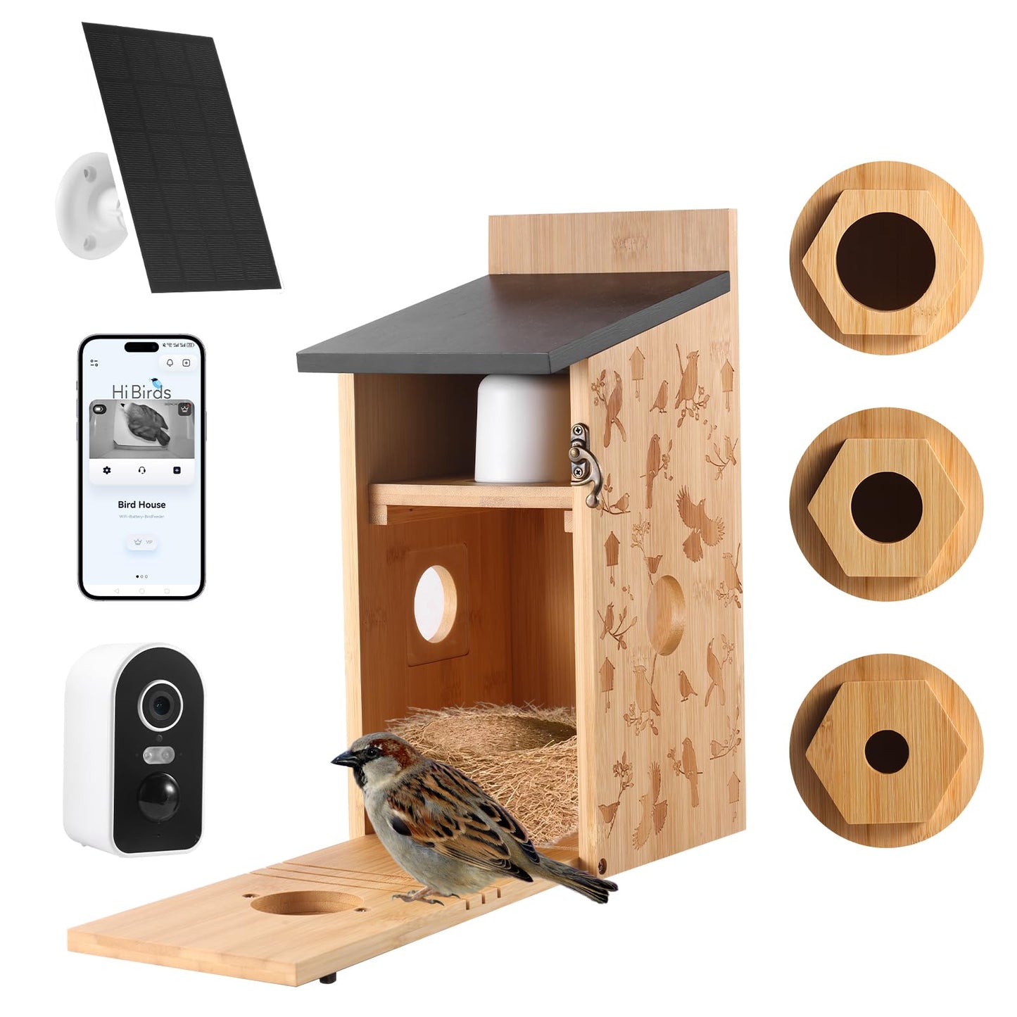 Nistkasten mit Kamera & Solar, Bambus Vogelhaus Solar Kamera