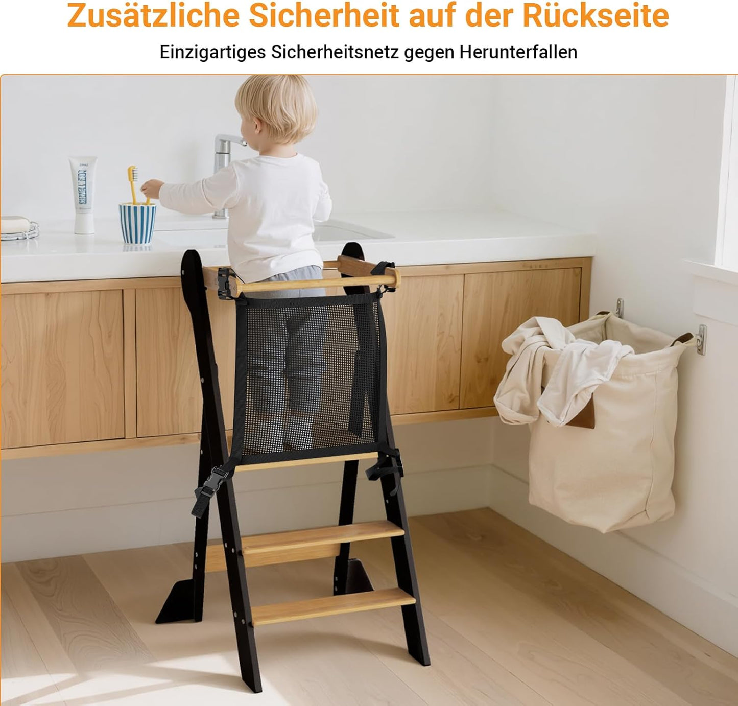 Montessori Lernturm klappbar und höhenverstellbar, L Schwarz & Natur