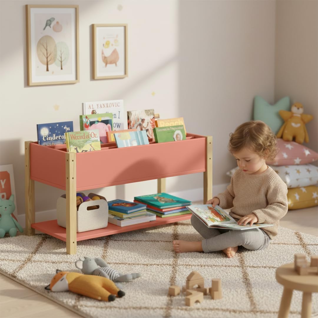 Kinder-Bücherregal mit 4 Fächern, Terrakotta/Natur