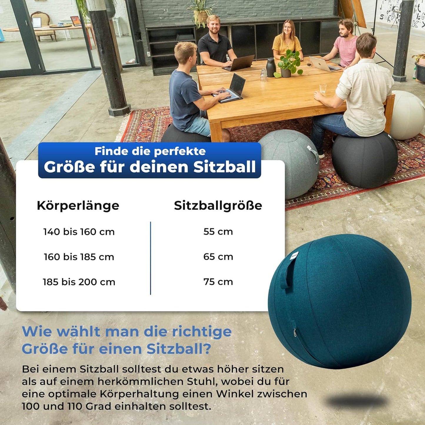 Ergonomischer Sitzball für Büro (65 cm), 65 cm Darkteal