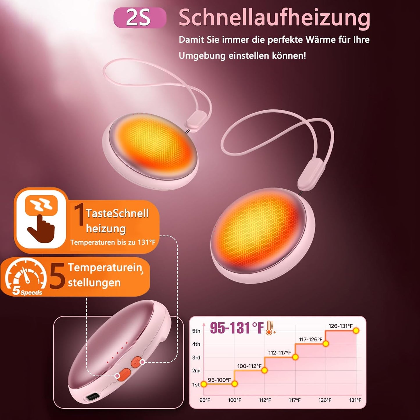 2er-Set Handwärmer mit Akku, Rosa
