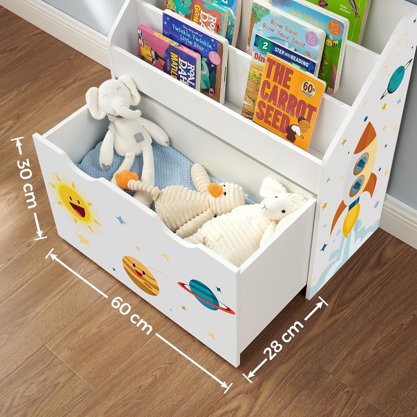 Kinderregal Kiddy auf Rollen, Weiss + Weltraum-motiv